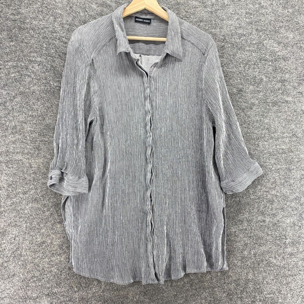 5/$45 Modern Works Shirt Women M Medium Gray Striped Button Up 3/4 Sleeve